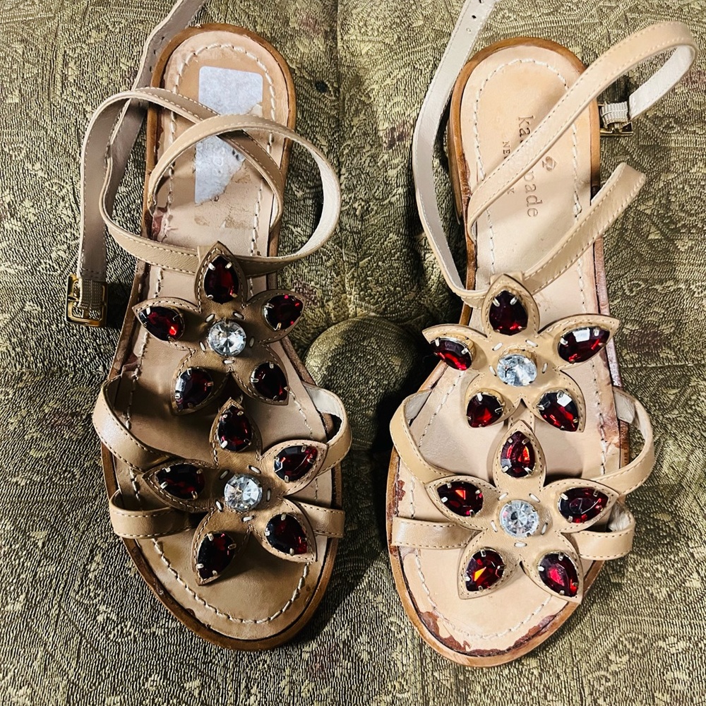 kate spade Beige Sandal with Red and Clear Gem Flowers